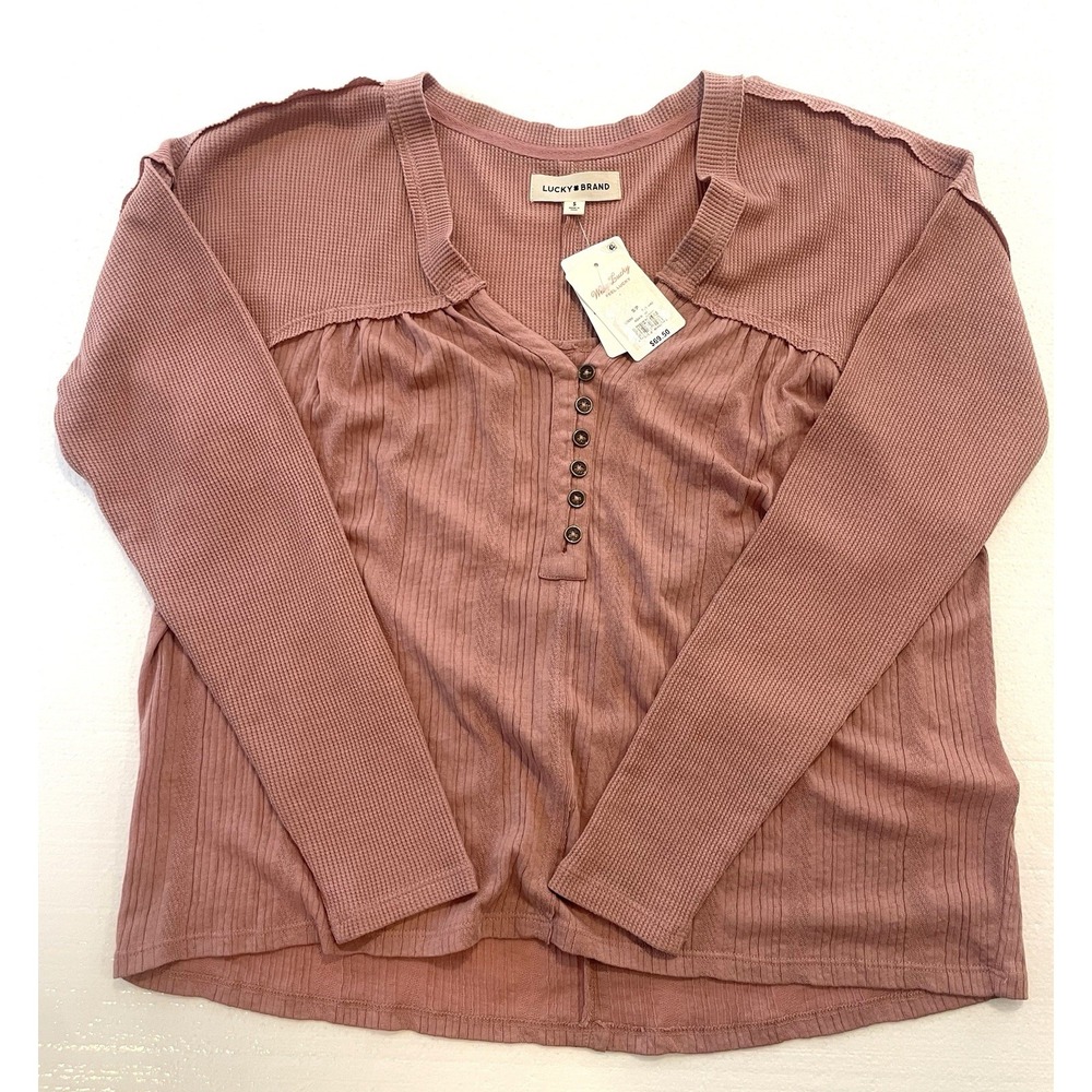 New Women's Lucky Brand Long Sleeve Ash Pink Henley Shirt/ Top Size Small